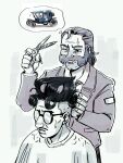  2boys choso_giving_toudou_a_haircut_(meme) disco_elysium english_commentary facial_hair glasses harry_du_bois high_top_fade highres holding holding_scissors jacket kim_kitsuragi long_sleeves male_focus meme monochrome multiple_boys mutton_chops scissors speech_bubble thought_bubble zevbites 