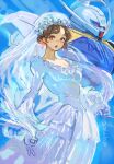  1girl bob_cut bride brown_eyes brown_hair commentary_request dated dress earrings gloves gundam highres jewelry looking_at_viewer mecha mobile_suit okrdisk2000 open_mouth robot science_fiction signature sochie_heim turn_a_gundam turn_a_gundam_(mobile_suit) v-fin wedding_dress 