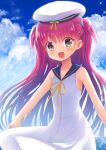  1girl :d a-pose backlighting bare_shoulders blue_sailor_collar blue_sky blush bow child cloud commentary_request cowboy_shot cumulonimbus_cloud day dress eyes_visible_through_hair fang floating_clothes floating_hair grey_eyes hair_between_eyes happy hat hat_bow highres katou_umi long_hair looking_at_viewer nakamura_hinato open_mouth outdoors pink_hair sailor_collar sailor_dress sailor_hat signature sky sleeveless sleeveless_dress smile solo sparkle straight_hair summer_pockets tareme two_side_up very_long_hair white_dress white_hat yellow_bow 