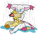  cyanzangoose digimon feline gatomon male mammal meowth nintendo plain_background plushie pok&#233;mon pok&eacute;mon rain shower video_games wet white_background 