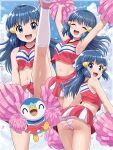  1girl absurdres armpits ass blue_eyes blue_hair blush cameltoe cheering cheerleader confetti crop_top crop_top_overhang dawn_(pokemon) hair_ornament hairclip highres holding holding_pom_poms leg_up long_hair midriff navel panties piplup pleated_skirt pokemoa pokemon pokemon_(anime) pokemon_the_series:_diamond_and_pearl pom_pom_(cheerleading) skirt striped_clothes striped_panties underwear 