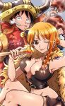  1boy 1girl absurdres arm_behind_head arm_up armpits black_hair bone boned_meat braid breasts brown_eyes brown_loincloth cape choker cleavage clima-tact closed_mouth commentary_request crop_top dated earrings fake_horns feet_out_of_frame food food_in_mouth fur_cape gold_choker hat hat_on_back helmet highres holding holding_food holding_staff horned_helmet horns jewelry knees large_breasts long_hair looking_at_viewer meat midriff monkey_d._luffy nami_(one_piece) navel official_alternate_costume official_alternate_hairstyle one_eye_closed one_piece orange_hair pearl_earrings red_cape scar scar_on_cheek scar_on_face shoulder_tattoo single_braided_sidelock sitting staff straw_hat tattoo thigh_strap thighs tongue tongue_out tsunj upper_body yellow_cape 