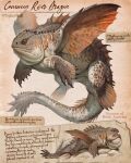  amber_eyes ambiguous_gender aquatic black_claws brown_body brown_scales christopher_stoll claws countershade_face countershade_tail countershade_torso countershading dewlap_(anatomy) digital_drawing_(artwork) digital_media_(artwork) dorsal_frill english_text feet feral frill_(anatomy) full-length_portrait grass hi_res looking_aside lying membrane_(anatomy) membranous_wings mouth_closed multicolored_body open_mouth orange_membrane paper_background plant portrait pupils quadruped red_tongue rock scales side_view simple_background solo species_information species_name spread_wings tail tail_frill tan_background tan_body tan_countershading text toes tongue tongue_showing unknown_species webbed_feet webbed_hands wings 