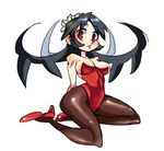  1girl bare_shoulders black_hair breasts bunnysuit cleavage clothed_navel collarbone filia_(skullgirls) high_heels leotard lips long_hair looking_at_viewer nappooz pantyhose prehensile_hair red_eyes samson_(skullgirls) simple_background skullgirls solo white_background 