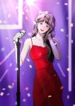  1girl blush bracelet brown_hair commentary_request confetti cowboy_shot earrings gfriend highres holding holding_microphone jewelry korean_commentary long_hair looking_at_viewer microphone microphone_stand smile solo spaghetti_strap the_girl_downstairs yerin_(gfriend) yuringi 