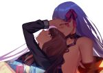  2girls bare_shoulders belt_bra belt_collar blue_serafuku breasts brown_eyes brown_hair cleavage collar collarbone commentary_request crying fate/extra fate/extra_ccc fate_(series) from_side gigantic_breasts hair_ribbon hand_on_another's_cheek hand_on_another's_face head_back highres kishinami_hakuno_(female) long_hair medium_breasts multiple_girls neckerchief noko_morokoshi passionlip_(fate) pink_eyes pink_ribbon profile purple_hair red_neckerchief ribbon school_uniform serafuku simple_background tears tsukumihara_academy_uniform_(fate/extra_ccc) very_long_hair white_background wiping_tears 