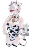  1girl absurdres anger_vein animal_ears animal_print bare_shoulders bell blush bottle breasts chain chain_leash collar cow_ears cow_horns cow_print cow_tail ear_tag fake_animal_ears hand_on_own_hip highres holding holding_tray horns large_breasts leash leotard looking_at_viewer milk milk_bottle multicolored_hair original playboy_bunny red_collar red_eyes rerrere short_hair simple_background solo standing tail thighhighs tray two-tone_hair white_background white_hair wrist_cuffs 