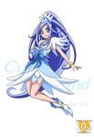  anniversary arudebido bare_legs blue_bow blue_eyes blue_hair blue_skirt bow bracelet character_name choker copyright_name crystal_earrings cure_diamond dokidoki!_precure earrings full_body hishikawa_rikka jewelry long_hair magical_girl ponytail precure ribbon shoes skirt smile solo white_background 