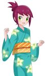  1girl :d absurdres alternate_costume alternate_hairstyle aqua_kimono blush commentary cowboy_shot curled_fingers fingernails floral_print floral_print_kimono green_eyes hair_ornament hairclip hands_up highres japanese_clothes kimono long_sleeves looking_at_viewer mega_man_(series) mega_man_star_force_(series) obi obijime open_mouth orange_sash parallel_hairclips pink_hair print_kimono sash short_side_ponytail side_ponytail simple_background smile solo sonia_strumm_(mega_man) standing striped_sash swept_bangs white_background wide_sleeves youjinbou_(lizardman730) yukata 