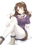  ;) ashigara_(kantai_collection) bad_id bad_pixiv_id blush breasts brown_eyes brown_hair elbow_gloves gloves hairband kantai_collection large_breasts long_hair one_eye_closed panties panties_under_pantyhose pantyhose pantyshot pantyshot_(sitting) sitting skirt smile solo underwear white_gloves white_legwear white_panties yappen 