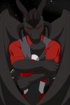  2026 4_horns ambiguous_gender anthro black_body black_hair clothed clothed_anthro clothed_male clothing dragon drone duo gridbull hair hi_res horn hug humanoid male membrane_(anatomy) membranous_wings multi_horn mythological_creature mythological_scalie mythology red_eyes scalie skinsuit teddy_(ravenmaster) tight_clothing wings 