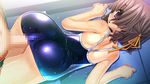  ass blush brown_hair buttjob censored huge_ass open_mouth penis penis_under_clothes pink_eyes rubbing sukumizu_tabehoudai swimsuit twintails wet 