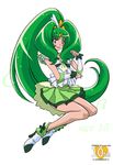  adapted_costume anniversary arudebido bare_legs blush bow bowtie brooch character_name copyright_name cure_march full_body green green_eyes green_hair green_skirt jewelry long_hair magical_girl midorikawa_nao older ponytail precure shoes skirt smile smile_precure! solo tri_tails white_background wrist_cuffs 