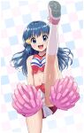  1girl absurdres bare_shoulders blue_eyes blue_hair blush breasts cheerleader commentary_request crop_top dawn_(pokemon) hair_ornament hairclip highres holding holding_pom_poms long_hair looking_at_viewer medium_breasts midriff navel official_alternate_costume open_mouth panties pokemoa pokemon pokemon_(anime) pokemon_the_series:_diamond_and_pearl pom_pom_(cheerleading) shoes skirt sleeveless smile socks solo split standing standing_on_one_leg standing_split striped_clothes striped_panties teeth underwear upper_teeth_only white_socks 