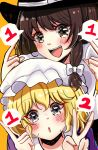  :d black_hat black_skirt blonde_hair blush bow brown_eyes brown_hair collared_dress commentary contrast_collar dress finger_counting hair_bow hat hat_bow highres kuronon maribel_hearn medium_hair mob_cap open_mouth purple_dress purple_eyes shirt skirt smile touhou usami_renko white_bow white_hat white_shirt 