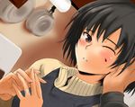  amagami black_hair blush bob_cut brown_eyes chocolate dress dutch_angle food food_on_face hand_on_another's_head jewelry kitchen murasaki_iro nanasaki_ai one_eye_closed parted_lips pinafore_dress playing_with_another's_hair pot ring short_hair solo_focus turtleneck wedding_band wince 