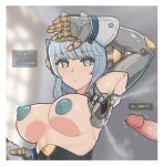  1boy 1girl armpit_pussy blue_eyes blue_hair blue_nipples border breasts closed_mouth colored_nipples commentary english_commentary english_text genshin_impact hand_up hetero highres holding ineffa_(genshin_impact) large_breasts mechanical_arms misplaced_genitals penis solo_focus uncensored valenthania white_border 