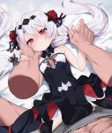  1boy 1girl abs bed_sheet black_dress blush closed_mouth commission disembodied_hand dress hand_on_another's_cheek hand_on_another's_face highres holding_hands honashi honkai_(series) honkai_impact_3rd long_hair looking_at_viewer lying navel on_back paid_reward_available pixiv_commission red_eyes size_difference smile solo_focus spread_legs theresa_apocalypse theresa_apocalypse_(luna_kindred) twintails white_hair 