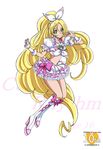  adapted_costume anniversary arudebido blonde_hair boots bow brooch character_name choker copyright_name cure_rhythm frills full_body green_eyes hair_ribbon jewelry knee_boots long_hair magical_girl midriff minamino_kanade older pink_bow precure puffy_sleeves ribbon skirt smile solo suite_precure white_background white_choker wrist_cuffs 