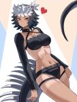  1girl absurdres arms_at_sides bikini bikini_shorts black_bikini black_hair breasts cleavage closed_mouth commentary detached_sleeves dutch_angle grey_hair groin_tendon halterneck head_tilt heart highres iguana_tail kemono_friends kemono_friends_3 large_breasts light_blush light_particles light_smile lizard_tail looking_at_viewer marine_iguana_(kemono_friends) medium_hair multicolored_hair navel nijiiro_(graynbow_wolf) shorts skindentation solo spiked_tail stomach swimsuit tail tan tanlines thigh_strap topknot two-tone_hair very_long_tail walking yellow_eyes 