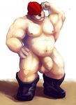  balls bear belly biceps big_muscles boots chubby firefighter flaccid helmet long_foreskin male mammal musclegut muscles pecs penis plain_background polar_bear pose solo sopomon thick_penis uncut 
