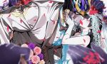  1boy 1girl black_hair blush bouquet bow bowtie bridal_veil brown_bow brown_bowtie brown_vest choker closed_eyes collared_shirt commentary_request disembodied_hand dress earrings extra_hands fingerless_gloves flower fructua_kk gloves hand_on_another's_cheek hand_on_another's_face helmet highres hime_cut implied_kiss jewelry long_hair looking_at_another muscular muscular_male official_alternate_costume petals pink_flower pink_rose protagonist_2_(housamo) purple_flower purple_rose red_eyes red_petals ring rose shirt shiva_(housamo) suit tokyo_afterschool_summoners veil vest waistcoat wedding_dress wedding_ring wedding_suit white_choker white_dress white_gloves white_shirt white_suit 
