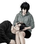  1boy 1girl black_hair black_shirt closed_eyes closed_mouth collarbone drawstring fushiguro_toji grey_hoodie hair_between_eyes highres hood hood_down hoodie invisible_chair jujutsu_kaisen lap_pillow megumi's_mother_(jujutsu_kaisen) scar scar_on_face scar_on_mouth shirt short_hair simple_background sitting sso_s white_background 