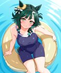  1girl absurdres animal_ears black_one-piece_swimsuit blush breasts closed_mouth commentary_request ears_through_headwear from_above green_eyes green_hair highres horse_ears horse_girl horse_tail kiseki_(umamusume) large_breasts looking_at_viewer multicolored_hair on_innertube one-piece_swimsuit one_side_up renny_(seraphyfether) short_hair smile solo streaked_hair swimsuit tail thighs tracen_swimsuit umamusume white_streaks 