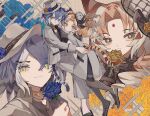  2girls absurdres alternate_costume animal_ears blue_flower blue_hair blue_rose brown_hair brown_streaks closed_mouth coat commentary_request commission drill_hair extra_ears facial_mark floating_hair flower forehead_mark golden_tabby_tiger_(kemono_friends) grey_coat grey_hair grey_jacket grey_pants grey_pantyhose hat hat_flower highres jacket jewelry kanmoku-san kemono_friends kemono_friends_3 light_smile long_sleeves looking_at_viewer maltese_tiger_(kemono_friends) medium_hair multicolored_hair multiple_girls multiple_views open_clothes open_jacket orange_hair pants pantyhose pendant pixiv_commission rose shirt shoes sparkle streaked_hair tail tail_through_clothes tiger_ears tiger_girl tiger_tail tilted_headwear tri_drills yellow_eyes yellow_flower yellow_rose 