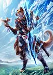  amazing anthro armor avian belt bird bow_(weapon) canine cloud fantasy female feral fox gear katana kazashino mammal mountain outside ranged_weapon scenic_view size_difference sky solo sword warrior weapon 