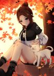  1girl alternate_hairstyle autumn_leaves black_choker black_hoodie black_shoes black_socks brown_hair cat choker closed_mouth commentary hair_bun highres hololive hood hoodie leaf moezi o-ring o-ring_choker official_alternate_costume pet purple_eyes shirt shoes smile socks solo tokino_sora tokino_sora_(dj_hoodie) tree virtual_youtuber white_shirt 