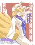  1girl :q arm_up blonde_hair blue_tabard border breasts closed_mouth commentary crossed_bangs dot_nose dress fox_girl fox_tail frilled_sleeves frills from_side hair_between_eyes hat highres kitsune kulukulu3333 kyuubi large_breasts light_blush light_smile long_sleeves looking_at_viewer meandros medium_hair mob_cap multiple_tails one_eye_covered outside_border pom_pom_(clothes) red_background sitting solo tabard tail tongue tongue_out touhou turning_head white_border white_dress white_hat wide_sleeves yakumo_ran yellow_eyes 