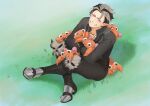  1boy black_boots black_hair black_pants black_shirt boots crimzon_ruze crimzon_ruze_(2nd_costume) cross-laced_clothes cross-laced_sleeves cross-laced_top ear_piercing full_body grass grey_hair grin hair_slicked_back highres holding holding_pokemon holostars holostars_english knee_armor kopi_art1 long_sleeves male_focus multicolored_hair official_alternate_costume on_shoulder pants paras piercing pointy_ears pokemon pokemon_(creature) pokemon_on_shoulder purple_eyes shirt sitting smile steel-toe_boots tareme virtual_youtuber 