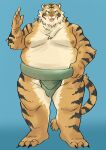  anthro asian_clothing batsuyo belly claws clothed clothing east_asian_clothing fangs felid fundoshi fundoshi_only fur japanese_clothing kemono male mammal moobs nipples orange_body orange_fur overweight overweight_anthro overweight_male pantherine simple_background solo sumo teeth tiger topless underwear underwear_only yellow_body yellow_fur 