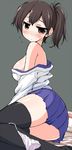  blush breasts brown_eyes brown_hair japanese_clothes kaga_(kantai_collection) kantai_collection large_breasts looking_at_viewer naitou_kouse off_shoulder panties panties_removed ponytail side_ponytail solo sweat thighhighs underwear 