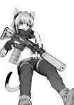  1girl animal_ears ao_homura bcm_mcmr cat_ears cat_girl cat_tail cross_piercing elly_(project_karibito) greyscale gun hair_between_eyes highres holding holding_gun holding_weapon looking_at_viewer medium_hair military monochrome navel_piercing open_mouth piercing project_karibito simple_background solo tail trigger_discipline weapon white_background 