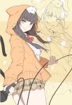  1girl absurdres asakura_karen_(heaven_burns_red) black_hair bow bowtie commentary_request heaven_burns_red highres holding holding_microphone hood hooded_jacket jacket microphone miniskirt open_clothes open_jacket orange_jacket potenara red_bow red_bowtie shirt skirt white_shirt yellow_eyes 