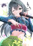  2girls absurdres black_hair blush breasts commentary_request cropped_shirt fingernails gakuen_idolmaster green_eyes green_pants hair_between_eyes hataya_misuzu highres holding holding_microphone idolmaster long_hair looking_at_viewer medium_breasts microphone multiple_girls nail_polish one_eye_closed open_mouth pants pink_nails pinky_out smile solo_focus tigger_drawing tsukimura_temari v 