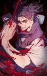  1boy black_background black_hair blood blood_spray chikichi choso_(jujutsu_kaisen) clenched_teeth commentary_request cursed_spirit_(jujutsu_kaisen) facial_tattoo highres jujutsu_kaisen long_sleeves looking_at_viewer male_focus medium_hair own_hands_together parted_lips purple_scarf purple_vest red_eyes robe scarf short_twintails simple_background solo tattoo teeth twintails upper_body vest white_robe wide_sleeves 