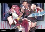  1boy 1girl :o absurdres arms_behind_back bent_over black_dress black_gloves black_hair black_panties black_shirt blonde_hair blush bouncing_breasts bound bound_arms breasts breasts_out brown_jacket clothed_sex clothes_pull corset cum cum_overflow dress dress_pull duel_disk elbow_gloves female_ejaculation fudo_yusei garter_straps gloves grin hetero highres holding holding_leash izayoi_aki jacket large_breasts leash leash_pull long_hair looking_at_another mibry_(phrysm) multicolored_hair nipples open_clothes open_jacket panties pants pants_pull panty_pull pussy_juice pussy_juice_trail red_corset red_dress red_hair rough_sex sex sex_from_behind shirt smile spiked_hair standing standing_sex streaked_hair teeth thighhighs tongue tongue_out torn_clothes torn_jacket torn_sleeves underwear upper_teeth_only yellow_eyes yu-gi-oh! yu-gi-oh!_5d's 