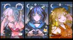  3girls ahoge animal_ears bare_shoulders black_choker blonde_hair blue_eyes blue_hair blue_hoodie blue_kimono blue_nails blush brown_eyes brown_hair cho_kaguya-hime! choker colored_inner_hair commentary crescent crescent_hair_ornament egasumi fox_ears fox_girl fushi_(cho_kaguya-hime!) green_eyes hair_ornament hair_rings half-heart_hands highres hood hood_down hoodie japanese_clothes kaguya_(cho_kaguya-hime!) kimono long_hair medium_hair multicolored_hair multiple_girls nail_polish official_alternate_costume one_eye_closed open_mouth pink_hair purple_nails rabbit_ears rabbit_girl runami_yachiyo sakayori_iroha simple_background teeth twintails untranslatable_commentary upper_teeth_only white_hair yoojucha 