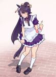  1girl anger_vein angry animal_ears apron bandaid bandaid_on_face bandaid_on_nose blunt_bangs blunt_ends blunt_sidelocks blunt_tail blush breasts brick_floor clenched_hand clenched_teeth commission ear_ornament embarrassed english_commentary frilled_apron frilled_skirt frilled_sleeves frills furrowed_brow glaring hair_ornament highres horse_ears horse_girl horse_tail humiliation kneehighs loafers maid maid_apron medium_breasts narita_brian_(umamusume) neckwear_request nose_tape pigeon-toed ponytail pulling_own_clothes purple_hair raised_fist rope shimenawa shoes sidelocks skirt socks solo sprout tail teeth threat tirasumiii umamusume v-shaped_eyebrows vgen_commission white_socks wrist_cuffs yellow_eyes 