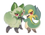 2026 ambiguous/ambiguous ambiguous_gender anthro blush blush_lines bow_tie butt clothing duo eyelashes fangs felid feline feral fur generation_5_pokemon generation_9_pokemon green_body green_fur half-closed_eyes hand_holding hi_res legwear looking_at_viewer looking_back mammal narrowed_eyes nintendo open_mouth paws pink_eyes pokemon pokemon_(species) red_eyes scalie simple_background snivy sprigatito tail teeth tongue yaiti 
