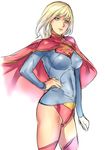  bad_id bad_pixiv_id bangs blonde_hair blue_eyes blue_leotard breasts cape clenched_hand covered_navel cowboy_shot dc_comics dodai_shouji from_side groin hand_on_hip leotard light_smile long_sleeves looking_at_viewer medium_breasts red_cape red_legwear short_hair sketch smile solo standing supergirl superhero thighhighs 