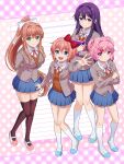  4girls absurdres black_thighhighs blazer blue_eyes blue_skirt blush book bow breasts brown_hair brown_sweater_vest closed_mouth commentary_request commission doki_doki_literature_club doki_doki_literature_club_school_uniform green_eyes grey_jacket hair_between_eyes hair_bow hair_ornament hair_ribbon hairclip highres holding holding_book jacket large_breasts long_hair long_sleeves looking_at_viewer monika_(doki_doki_literature_club) multiple_girls natsuki_(doki_doki_literature_club) neck_ribbon open_mouth orange_sweater_vest orange_vest pink_eyes pink_hair pokemoa ponytail purple_eyes purple_hair red_bow red_ribbon ribbon sayori_(doki_doki_literature_club) school_uniform shirt short_hair sidelocks skeb_commission skirt small_breasts smile socks sweater_vest thighhighs very_long_hair vest white_bow white_ribbon white_shirt white_socks yuri_(doki_doki_literature_club) zettai_ryouiki 