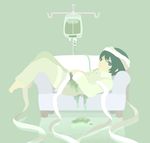  aojiru_(yume_2kki) bad_id bad_pixiv_id bandages couch expressionless green_eyes green_hair hand_on_own_stomach intravenous_drip lito_(24281122) looking_at_viewer lying male_focus pajamas solo yume_2kki 