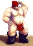  bear belly biceps big_muscles boots bulge chubby firefighter helmet male mammal musclegut muscles overweight pecs plain_background polar_bear pose solo sopomon thong 