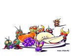  6+boys antennae apple apple_seed apple_slice armor artist_name beetle_horn boots chewing chibi chibi_only commentary eating english_commentary food fruit gloves grapes green_boots green_gloves highres horns kamen_rider kamen_rider_(1st_series) kamen_rider_1 kamen_rider_2 kamen_rider_agito kamen_rider_agito_(ground_form) kamen_rider_agito_(series) kamen_rider_amazon kamen_rider_amazon_(series) kamen_rider_double kamen_rider_double_(cyclonejoker) kamen_rider_gaim kamen_rider_gaim_(orange_arms) kamen_rider_gaim_(series) kamen_rider_gavv kamen_rider_gavv_(poppingummy_form) kamen_rider_gavv_(series) kamen_rider_kuuga kamen_rider_kuuga_(mighty_form) kamen_rider_kuuga_(series) kamen_rider_shin kamen_rider_w looking_at_another mada_mada_miu multiple_boys orange_(fruit) orange_slice plate red_eyes red_scarf scarf shin_kamen_rider simple_background white_background white_boots yellow_eyes 