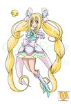  anniversary arms_behind_back arudebido blonde_hair boots bow brooch character_name choker copyright_name creature cure_echo earrings frills full_body fuu-chan_(precure) hair_ribbon jewelry knee_boots long_hair magical_girl pink_bow precure precure_all_stars_new_stage:_mirai_no_tomodachi ribbon sakagami_ayumi skirt smile twintails very_long_hair white_background white_choker white_footwear yellow_eyes 