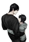  1boy 1girl black_hair black_shirt closed_mouth fushiguro_toji grey_hoodie height_difference highres hood hood_down hoodie hug husband_and_wife jujutsu_kaisen long_sleeves megumi's_mother_(jujutsu_kaisen) pants shirt short_hair simple_background sso_s white_background 